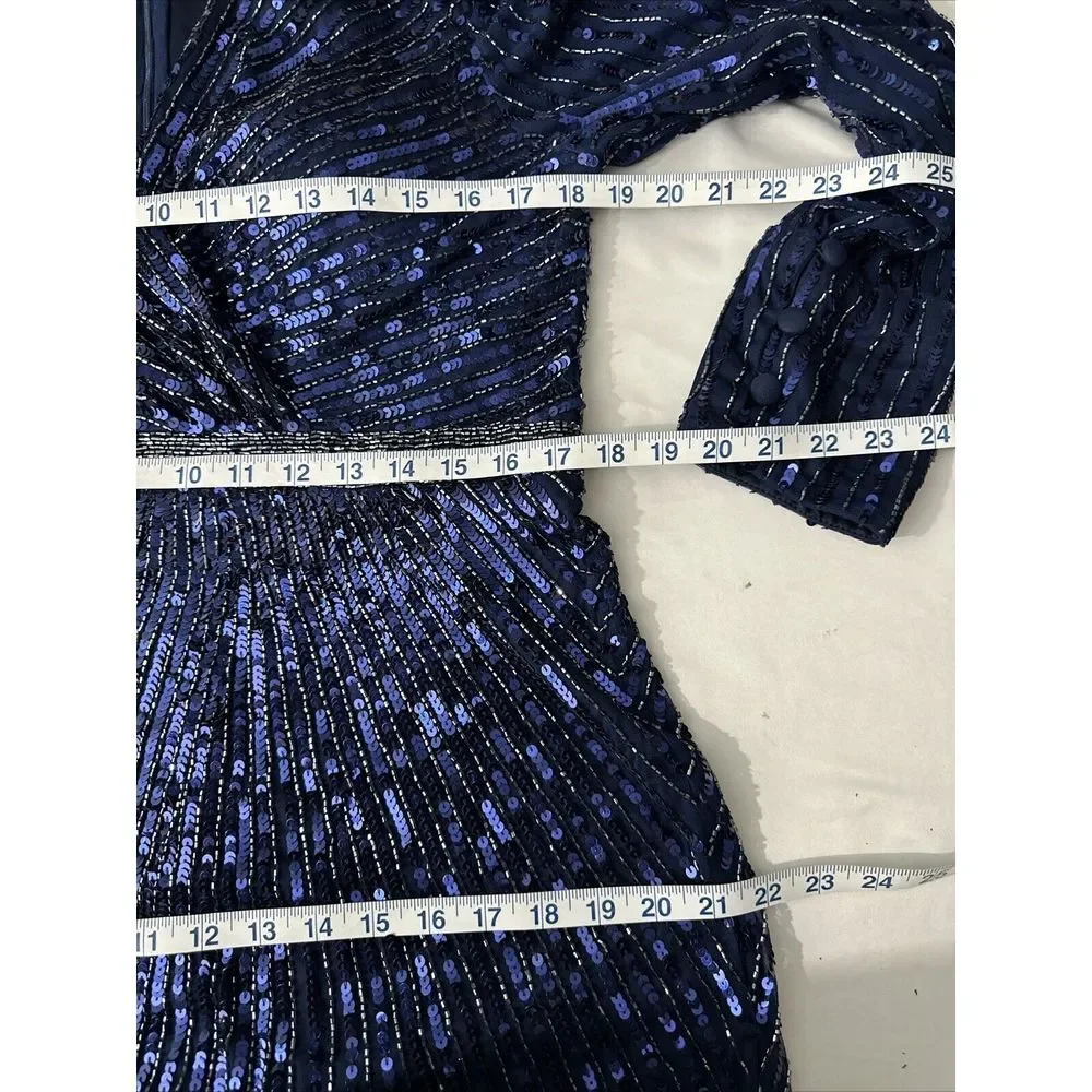 NWT $598 Mac Duggal [ 12 ]‎ 5501 Sequined Wrap Over Bishop Sleeve Gown Blue - Picture 6 of 16